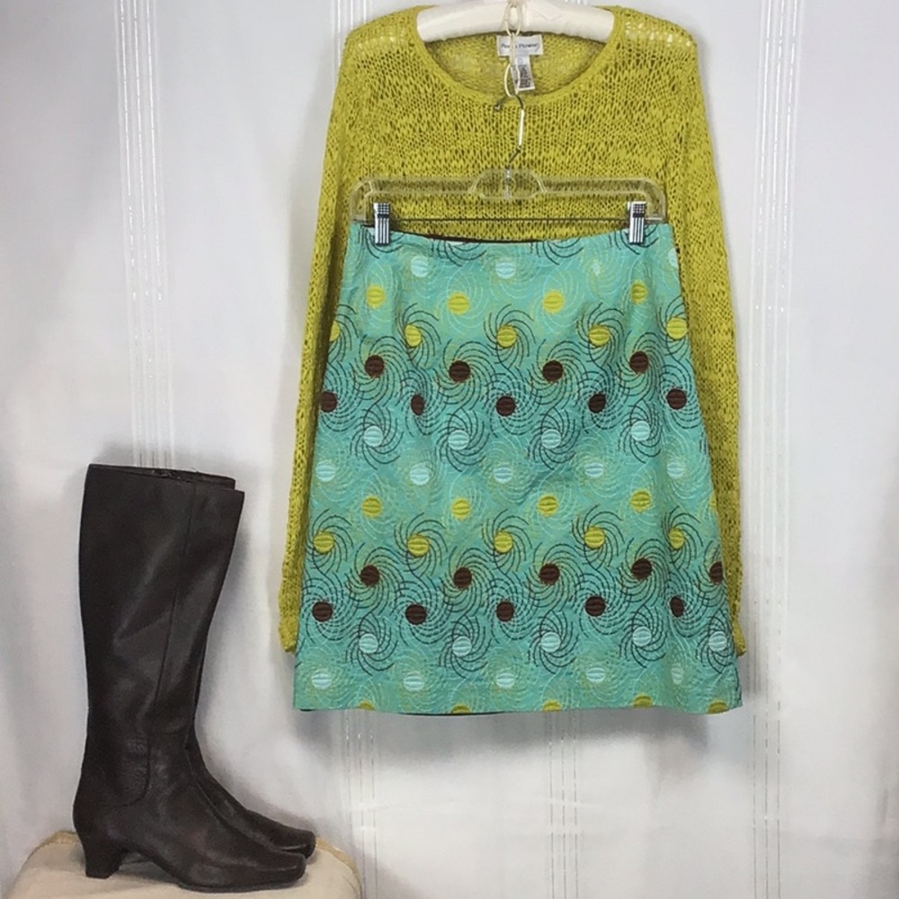Kathlin Argiro Atelier Turquoise Abstract Embroidered Lined A-Line Skirt Sz 8 - Picture 11 of 11